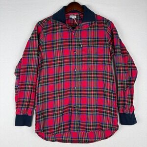 Steven Alan Shacket Mens Small Red Plaid Flannel Snap Shirt Ribbed Trim USA